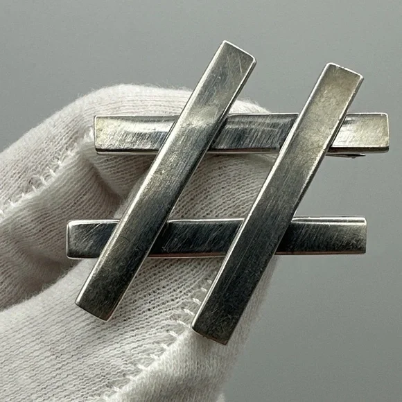 925 Sterling Silver Mexico - Vintage Shiny Smooth Hashtag Symbol Brooch Pin #367