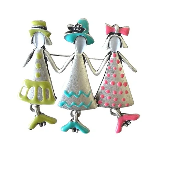 OTC Silver Tone Enamel Three Friends Holding Hands Brooch Whimsical BFF Kitsch