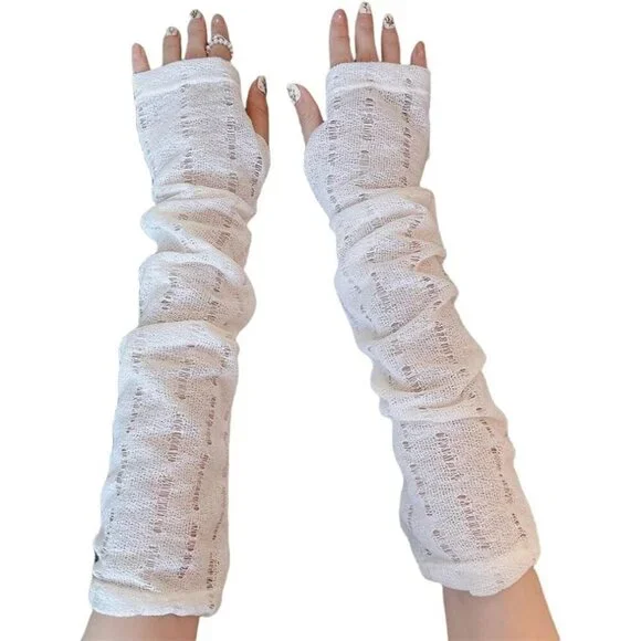 Women's Loose White Vintage Cosplay Party Sequins Hook Fingerless Long Gloves