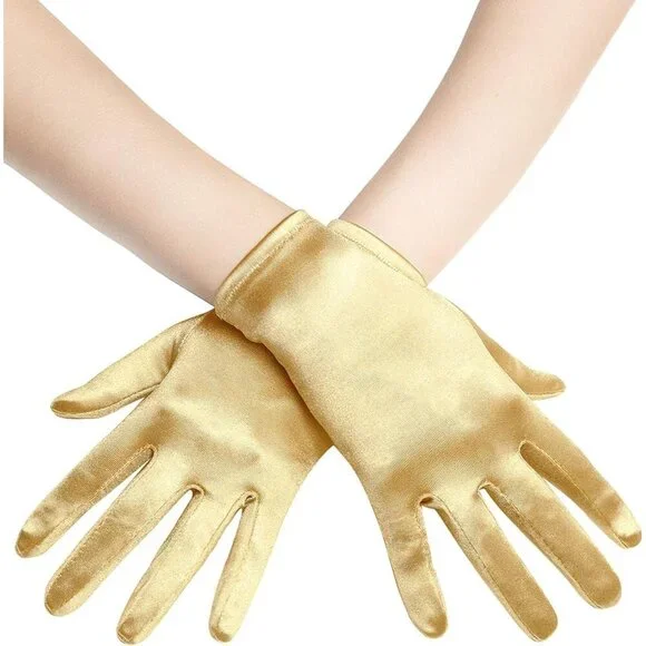 Women's Short Gold Satin Silk Gloves Banquet Wedding Party Costume Accessories