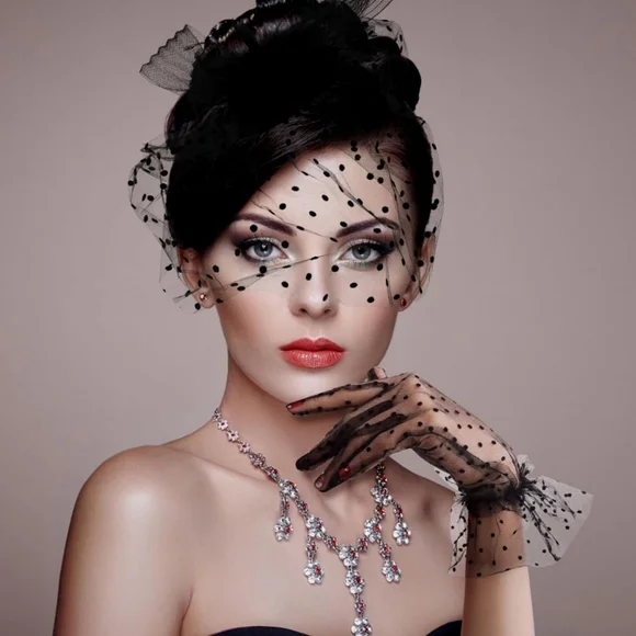 Black Elegant Polka Dot Fascinator Glove Set Tea Church Bridal Races Funeral NWT