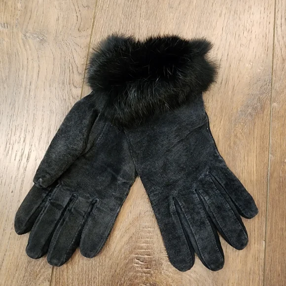 Genuine Suede Leather Rabbit Fur Trimmed Gloves Acrylic Knit Lined size Large