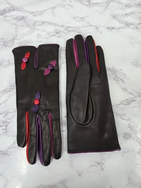 Vintage Black Leather Gloves with Purple & Red Accent Dress Or Driving Gloves