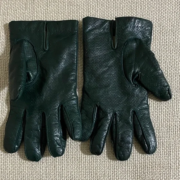 Elegant Dark Green Leather Gloves women 6 cozy cashmere wool lined Y2K event