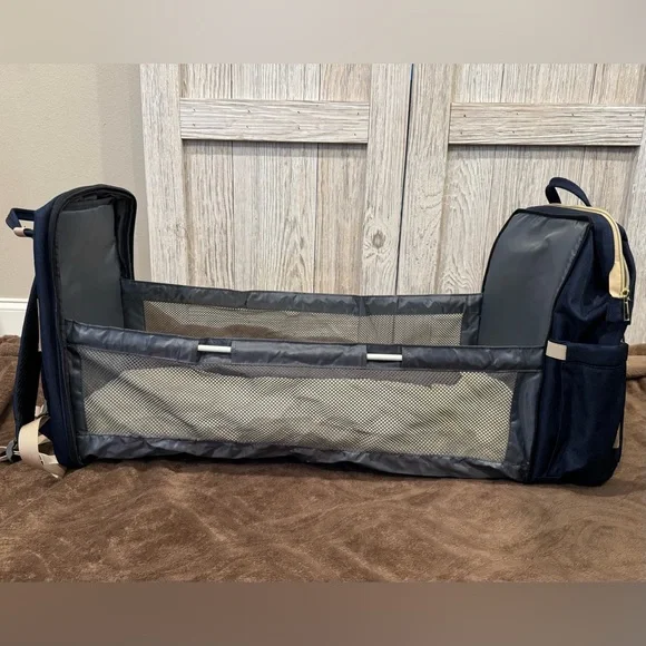 Convertible Diaper Bag Backpack Navy and Tan.