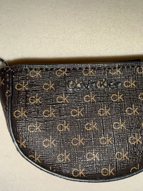 Calvin Klein Brown Logo Zip Key Pouch with Silver Hardware