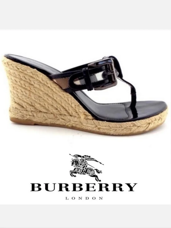 Burberry Vintage Black Patent Nova Check Wedge Thong Sandals with Box Sz 41 US 9