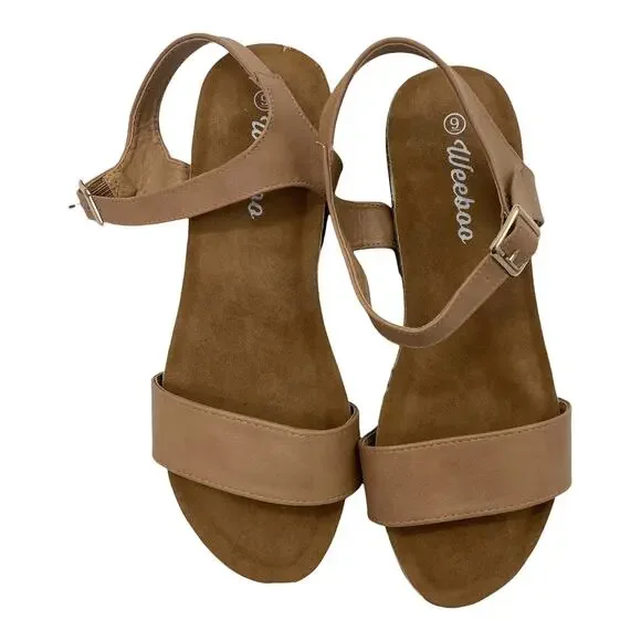 WEEBOO Cork Wedge Strappy Sandal Size 9 Women Faux Leather Open Toe Summer
