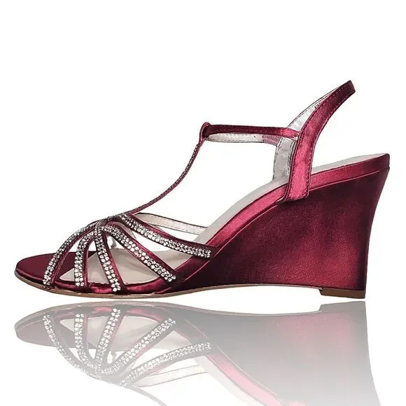 David's Bridal Red Metallic Crystal T-Strap Wedge Heels