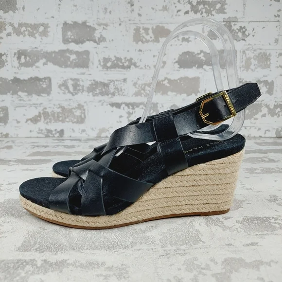 NEW Cole Haan Crystal Black Leather Buckle Sling Back Summer Wedge Sandals M511