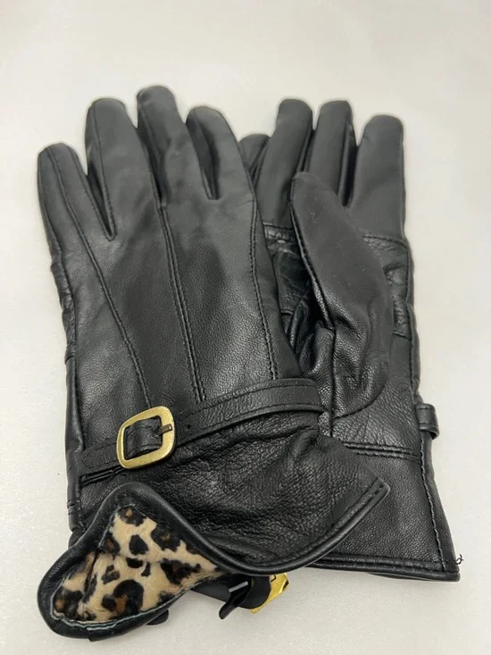 Black Leather Gloves with Gold Buckle and Leopard Lining