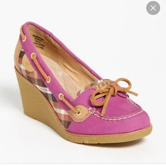 Sperry Pink Plaid Goldfish Leather Wedges