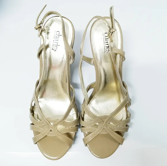Charles David Strappy Leather Cork Wedges in Nude 9.5M