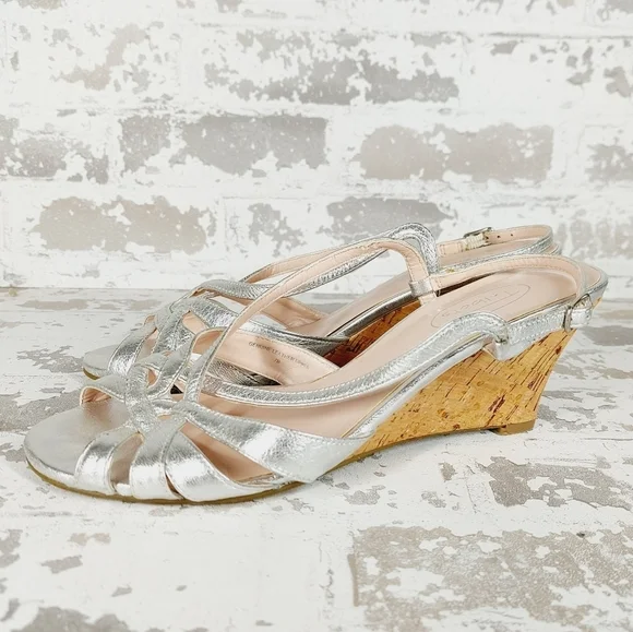 Talbots Women's Silver Genuine Leather Platform Strap Wedge Sandals V327