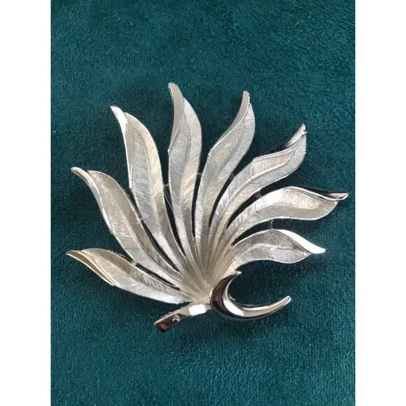 Vintage Signed Crown Trifari Brushed Silver Tone Brooch Leaf