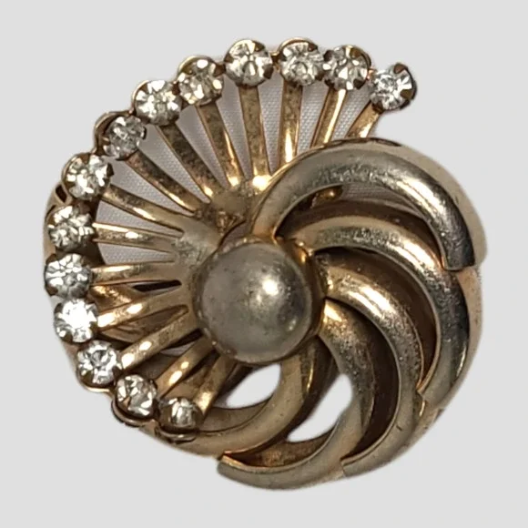 Vintage Brooch Gold Tone Round Spiral Clear Rhinestone Mid Century MCM Pin