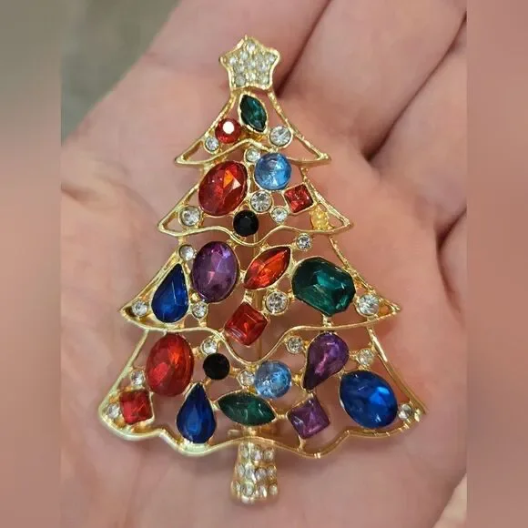 🎄🛍❤️VINTAGE Colorful Gemstone Christmas Tree Brooch