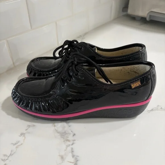 ⚠️ SAS Bounce-c Lace Up Wedge Black Patent Leather 8 Women’s Shoes Moccasin USA