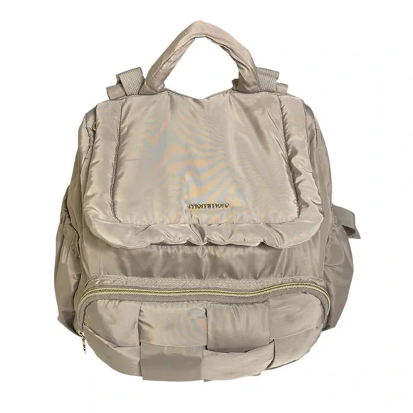 Mommore tan basket weave nylon diaper bag backpack gold hardware