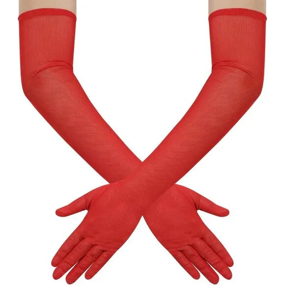 Women's Tulle Mesh Red Long Stretchy Gloves Halloween Party Wedding Costume