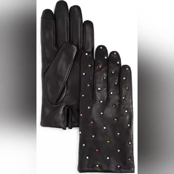 Nwt Echo Rani Crystals Leather Gloves Lambs Wool Lined Rhinestone Glass Touch