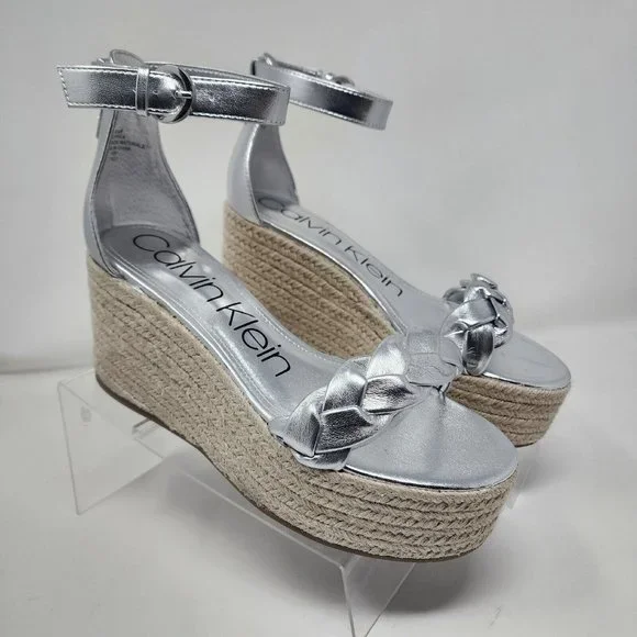 Calvin Klein Wedge Sandals Womens 8.5 Silver Thea Faux Leather Heels Shoes