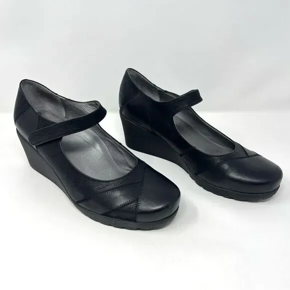 ABEO BIO System Ginger Mary Jane Black Leather Wedges Hook & Loop Closure 8.5N