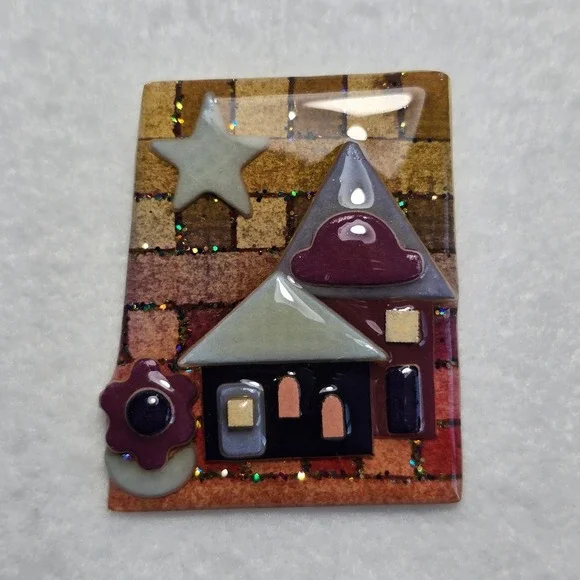 House Pins by Lucinda Brooch Resin Vintage Whimsical Folk Art House Star Glitter