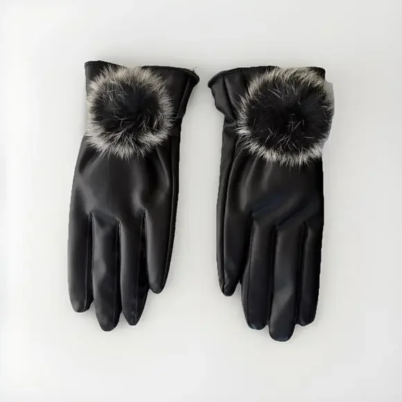 NIB Faux BlackLeather Gloves Faux Fur Pom Detail Mob Wife Aesthetic Women Size M