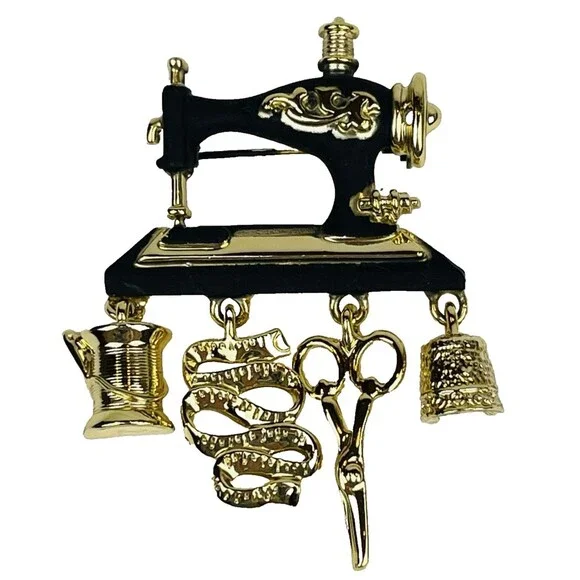 Vintage AJC Sewing Machine Brooch Pin Gold Tone Dangle Charms Scissors Thimble