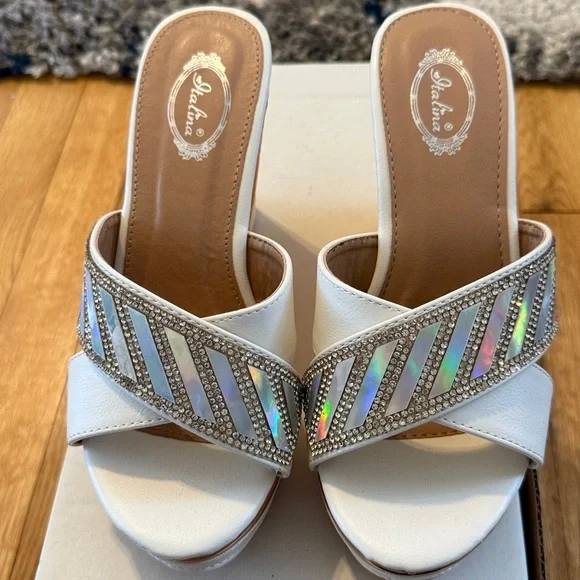 Italina White Wedges with Silver Accents