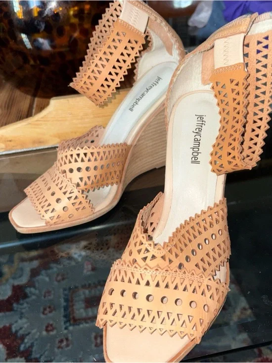Jeffrey Campbell Tan Laser-Cut Wedge Sandals with Ankle Strap