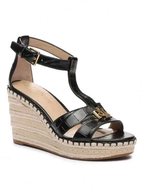 Lauren Ralph Lauren Hale II Black Leather Croc Espadrille Wedges Size 9.5