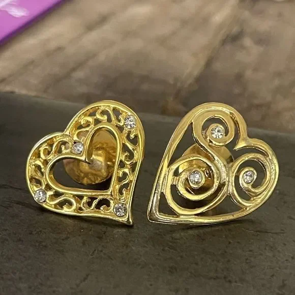 Vintage Lot Of 2 Gold Tone Filigree Romantic Rhinestone Heart Tack Pin Lapel