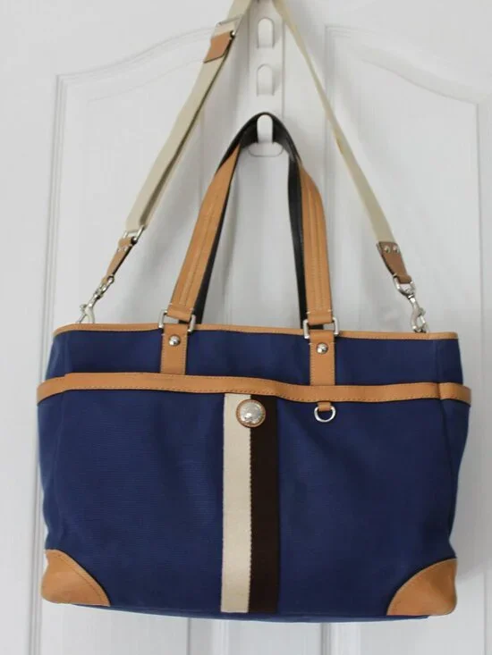 Coach Navy Blue Canvas Diaper Bag - Tan Leather Trim - Changing Pad Included 🍼⚓