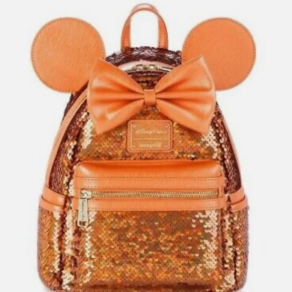 Disney Parks Loungefly Minnie Mouse Sequined Apricot Crush Backpack and Ears