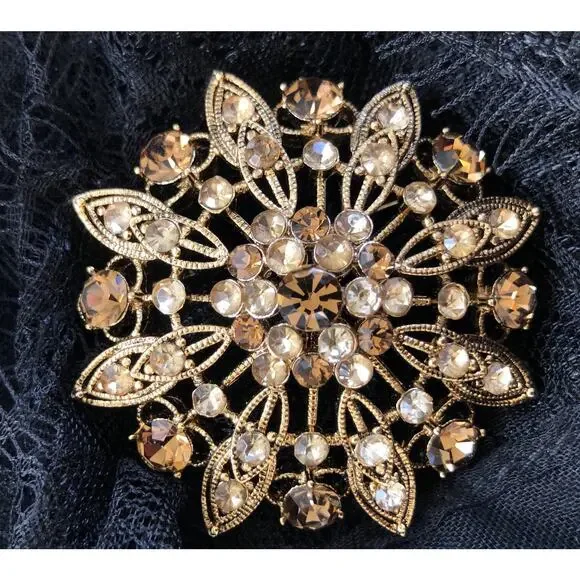 Vintage Liz Claiborne Orange & Brown Floral Burst Gold Tone Brooch