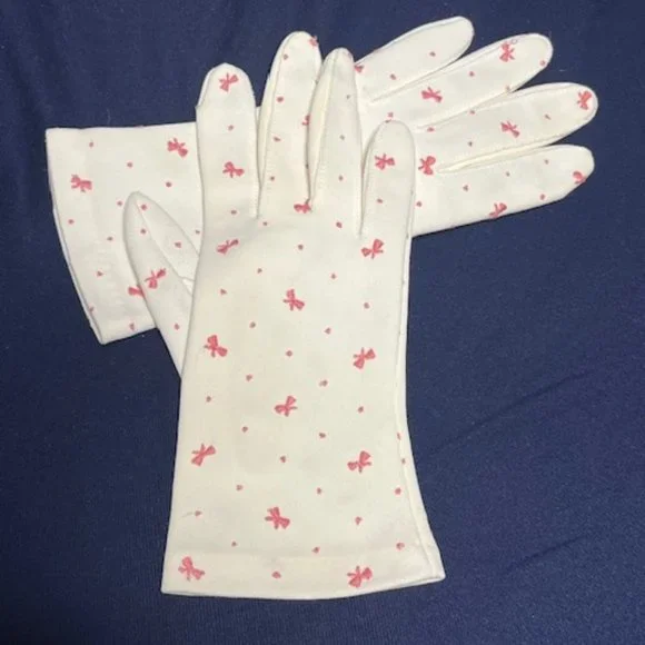VTG Dressy White w/Pink Embroidered Ribbons Wristlet Gloves Petite Size 6