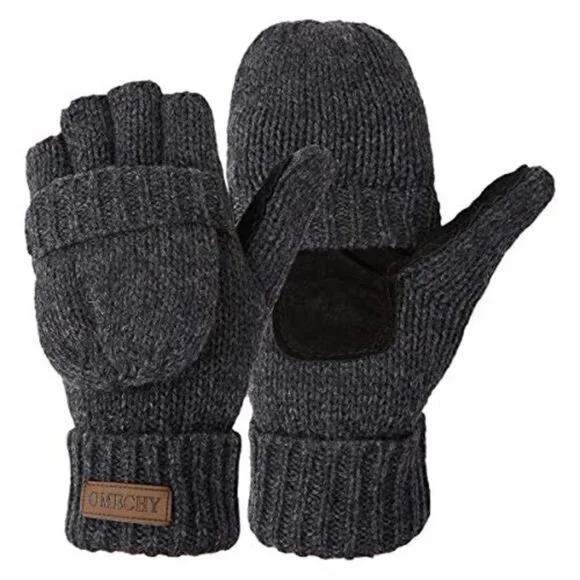 Winter Gloves Men Women Fingerless Mittens Convertible Wool Knitted Warm Thermal