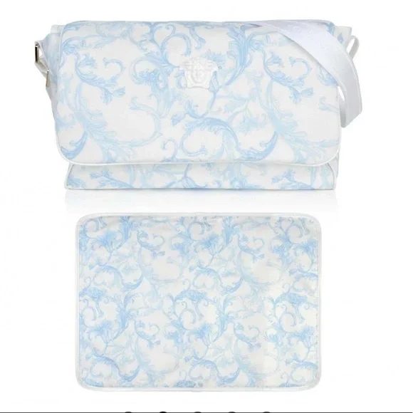 Versace White and Light Blue Barocco Print Baby Bag