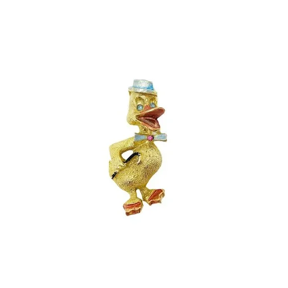 Vintage 1960s Duck Brooch | Gold Blue Rhinestone Eyes B.J. Pin