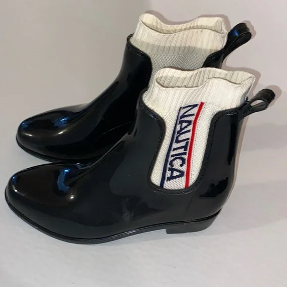 Nautica Women’s Black Rain Boots with Red White & Blue Logo on each Boot Size 7