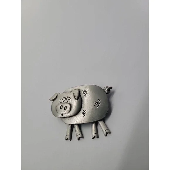 Vintage JJ Jonette Pig Brooch Silver Tone Dangle Articulated Legs Farm Animal