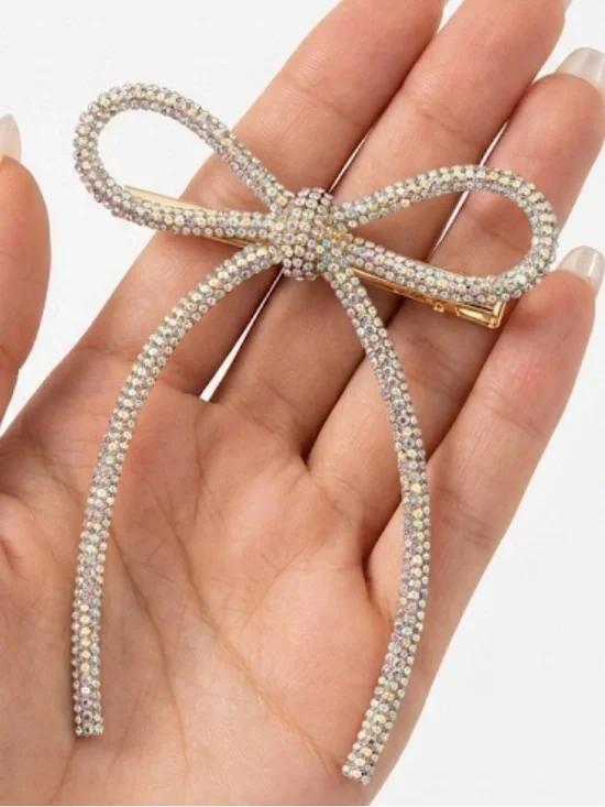 New Silver Rhinestone Bow Brooch Coquette Ribbon Pin Crystal Chunky