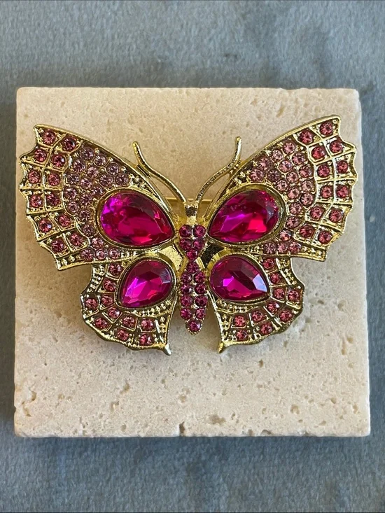 Vintage Gold Tone Pink Crystal Butterfly Brooch Statement Rhinestone Pin Cottage