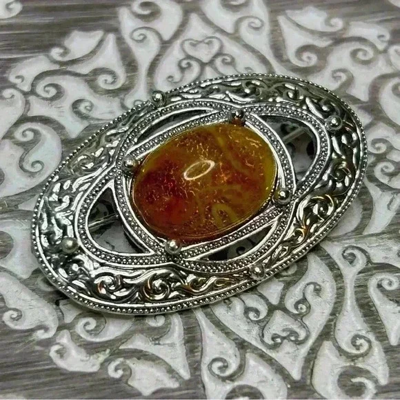 Vintage Silver Tone Amber Brooch