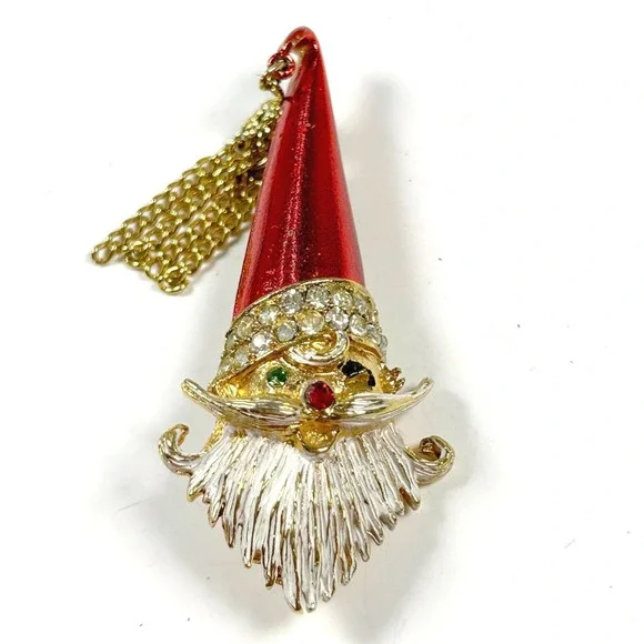 Vintage MYLU Winking‎ Santa Brooch with Chain Tassel Christmas Pin 2.5