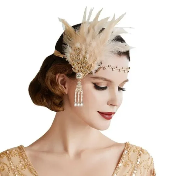 ✨ NWT Art Deco 1920’s Gatsby Flapper Feather Crystal Rhinestone & Pearl Headband