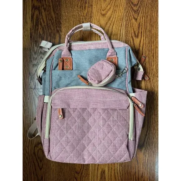 Large Diaper Bag Backpack USB Charging Port – Pink & Gray Travel Baby Bag