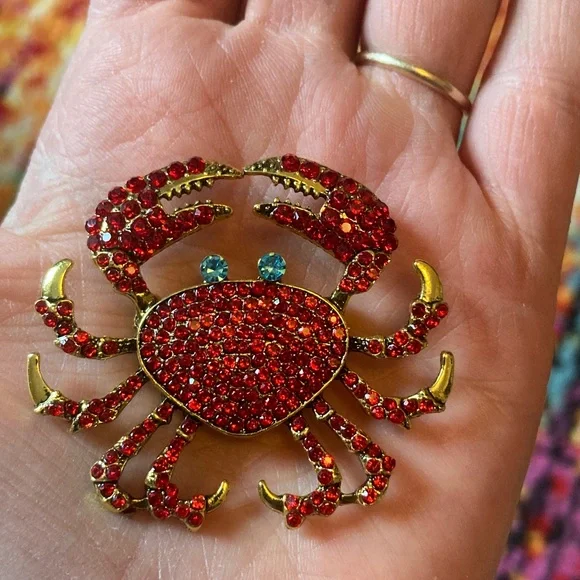 Vibrant Red and Gold Rhinestone Crab Brooch